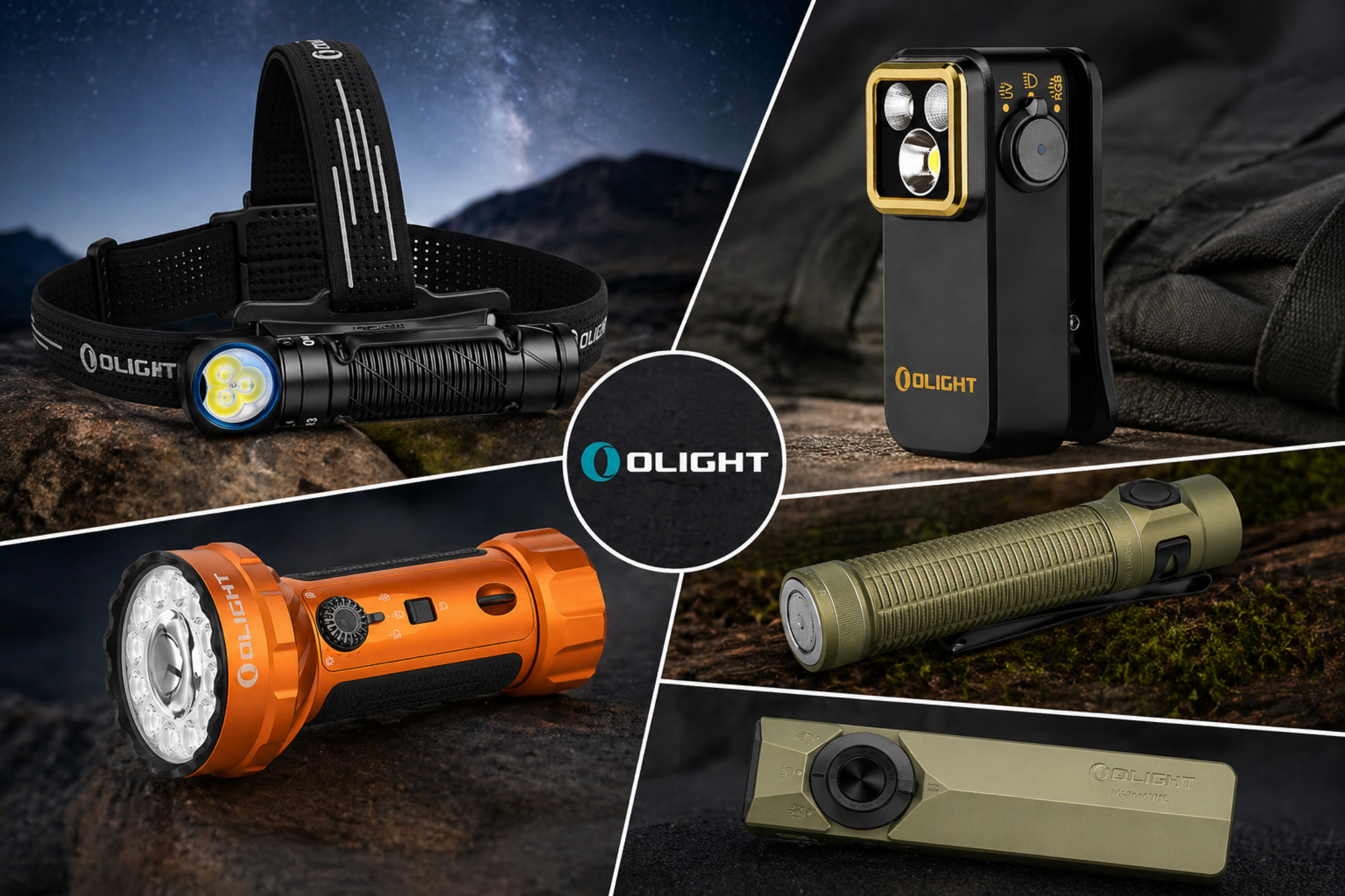 Olight Produktauswahl mit Stirnlampe, Cliplampe und Taschenlampen